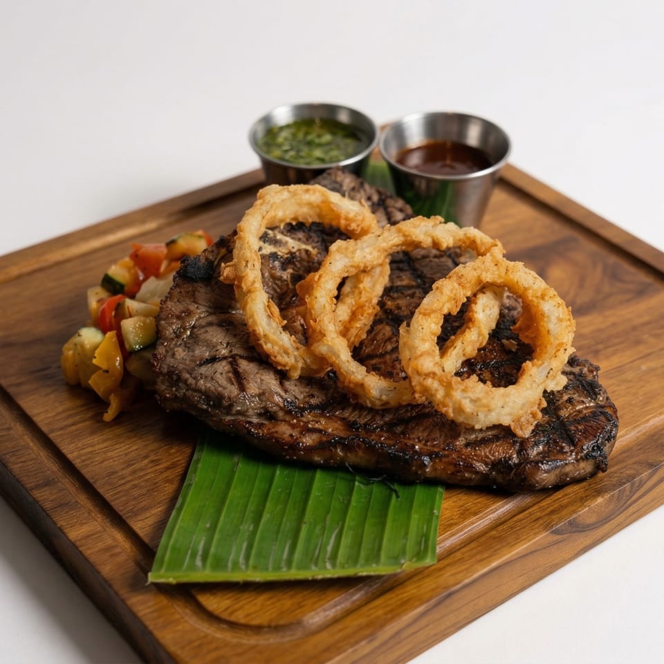 Grilled steak with onion rings, mixed vegetables, and two sauces on a wooden board.