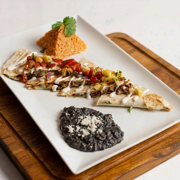 Casa Encanto's quesadilla with pineapple salsa, rice, and black beans on a white plate.
