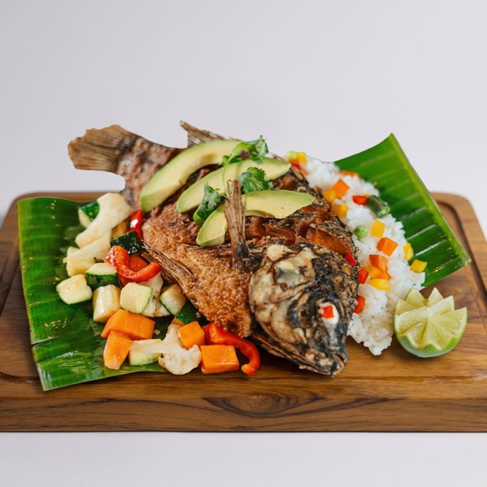 Fried whole fish topped with avocado slices, served with rice, vegetables, and lime on a banana leaf.