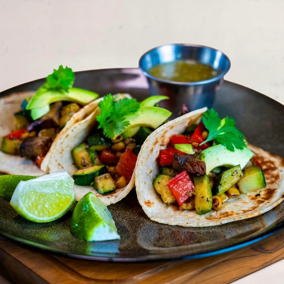 Three vibrant Casa Encanto tacos filled with vegetables, avocado, and cilantro, served with lime wedges and salsa.