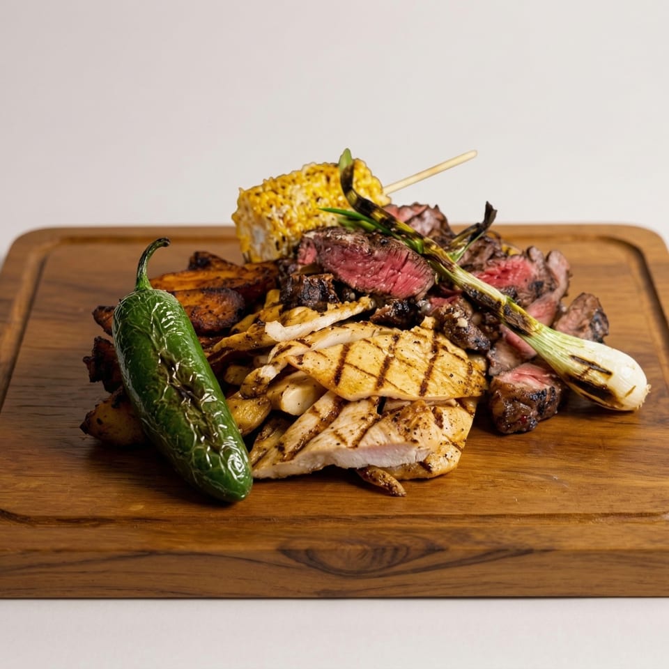 Grilled steak, chicken, corn, and vegetables, including a jalapeño, on a wooden board.