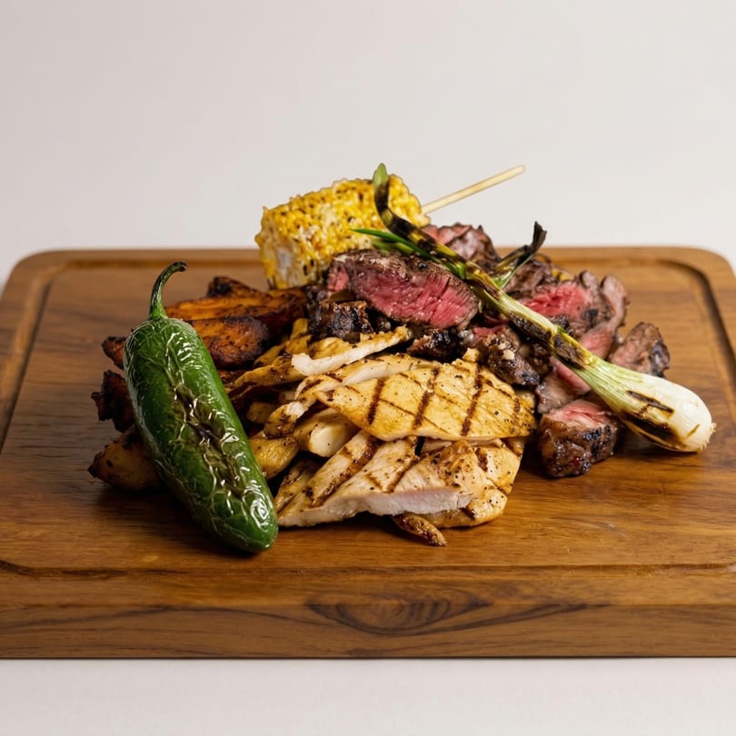 Grilled steak, chicken, corn, and vegetables, including a jalapeño, on a wooden board.