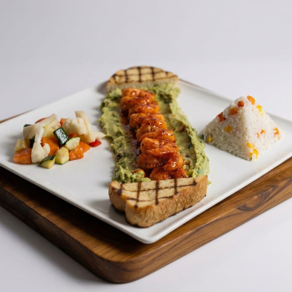 Grilled shrimp on guacamole toast with mixed vegetables and pyramid-shaped rice on a white plate.