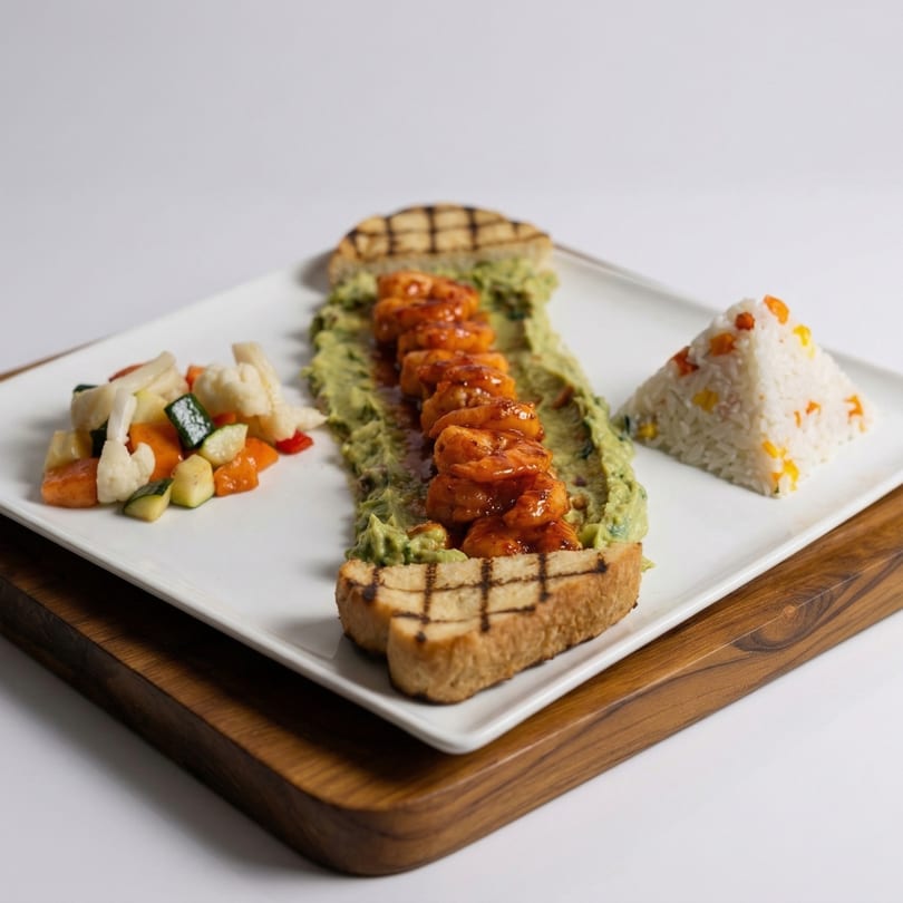 Grilled shrimp on guacamole toast with mixed vegetables and pyramid-shaped rice on a white plate.